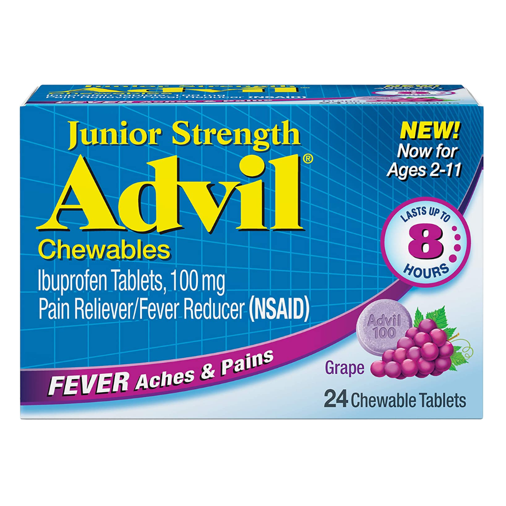 Advil Junior Chewable Ibuprofen Tablets, Grape 100mg, 24 Tablets Each (Pack of 4)