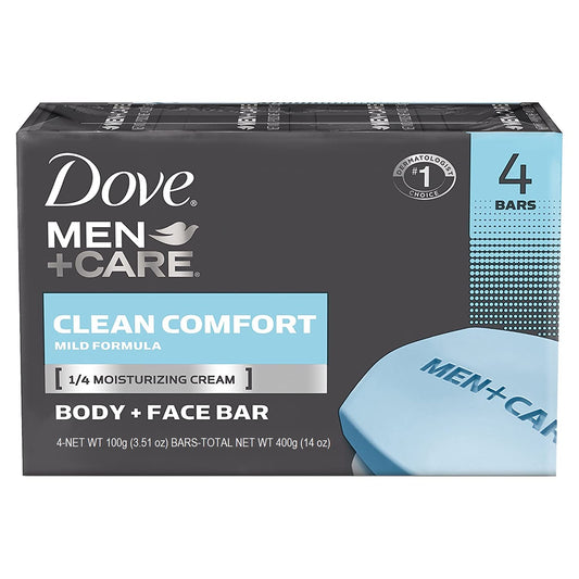 Dove Men Care Body + Face Bar Soap, Clean Comfort Mild Formula, 3.51 oz (100g) - 4 Bars