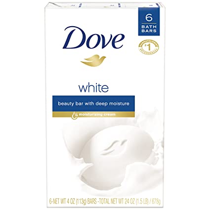 Dove Beauty Bar, White 4 oz, 6 Bar, Blue, Unscented, 24 Oz